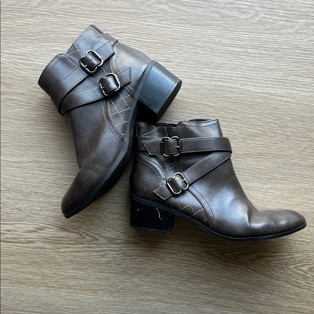 Faux Leather Brown Ankle Boots with Buckle Straps